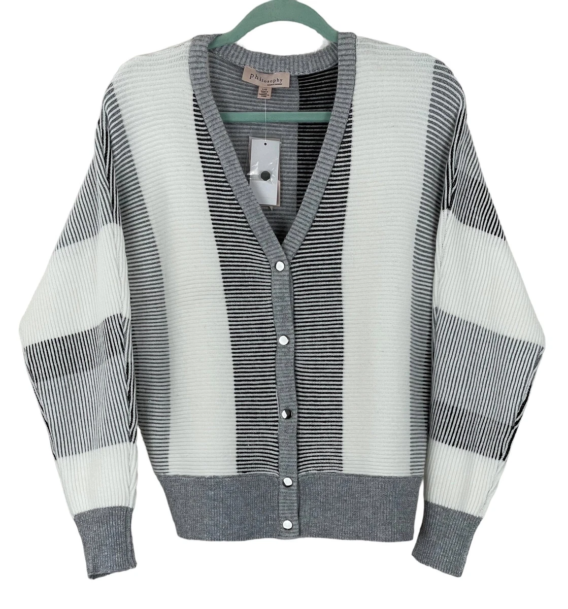 NEW Philosophy Women Ribbed Cardigan Ivory Black Gray Size LARGE NWT 68