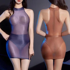 Women Oil Shiny Glossy Bodysuit Leotard Top See-through Bodycon Mini Skirt Dress