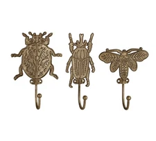 Set of 3 Metal Insects Wall Hooks, Decorative Wall/Closet Organizer Pewter Hooks