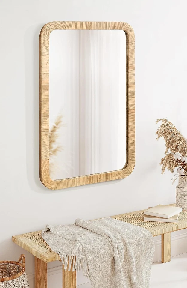 Rahfy Boho Rectangle Rattan Wall Mirror, 24 X 36, Natural Wood, Decorative Round - Image 3 of 4