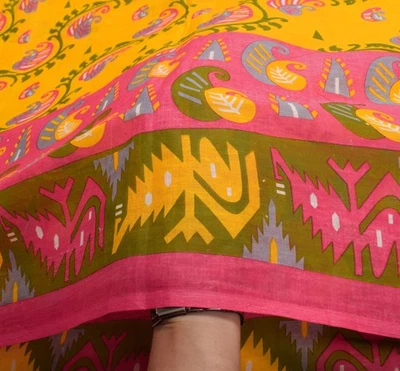 Sushila Vintage gelber Sari 100 % reine Baumwolle Paisley bedruckt 5 Yds Hand... - Bild 1 von 4