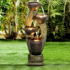 Decorative Outdoor Water Fountain Multi-Tiered Resin Cascade with LED Lighting