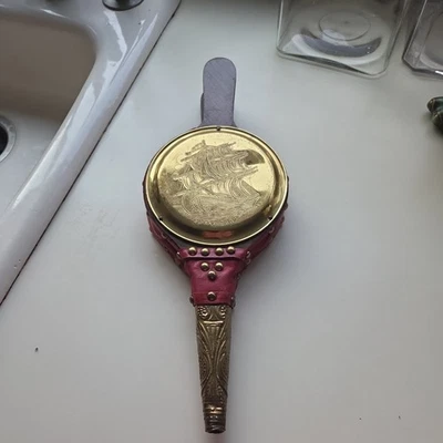Vintage handheld gold ship art Wood Hearth Fire Place Starter Blower bellow - Image 1 of 3