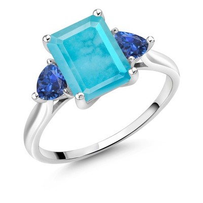 10K White Gold Green Turquoise and Created Sapphire 3 Stone Engagement Ring For
