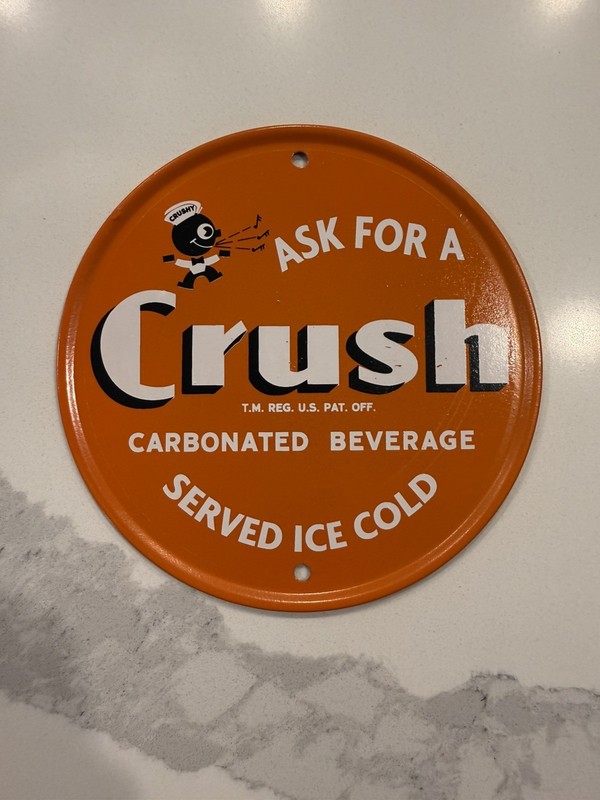 CRUSHY ORANGE CRUSH SODA POP ADVERTISING SIGN M TIN METAL- In Original Paper!!