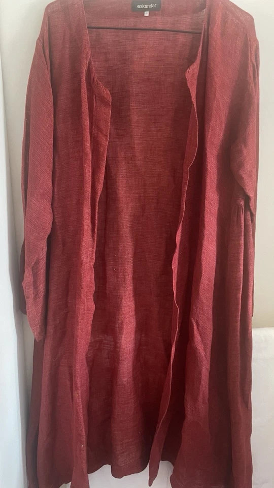 Eskandar FLAME RED Fine Gauze Open Weave Linen Kimono coat - Image 2 of 2