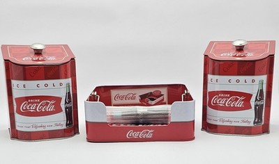 Coca-Cola Tin Box Company, Lot O3 Sloped Lid Tea Caddy,Napkin Holder Coke Bottle