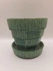 Vintage McCoy Green Basket Weave Flower Pot Planter Attached Saucer 5"