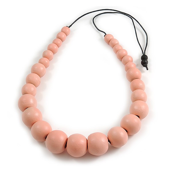 Chunky Pastel Pink Graduated Wood Bead Black Cord Necklace - 84cm Max/