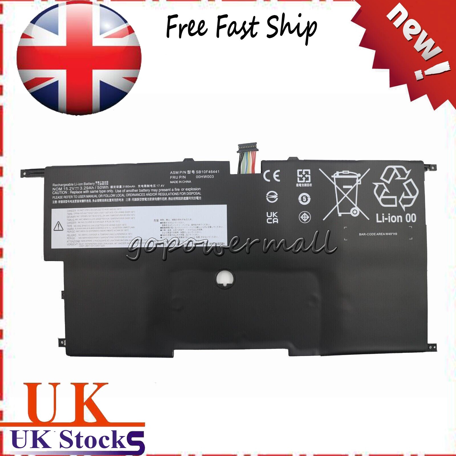 New 00HW002 00HW003 Battery for Lenovo ThinkPad X1 Carbon gen 3rd  50Wh