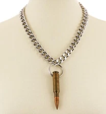 M60 .308 Caliber Brass 3" Bullet Necklace Pendant Cuban Chain Punk Goth Thrash 