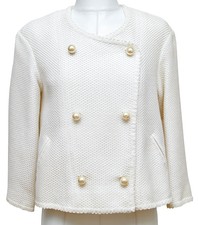 Chanel Tweed Jacket Coat White Pearl 3/4 Sleeve Double Breasted 2013 13s Sz 34