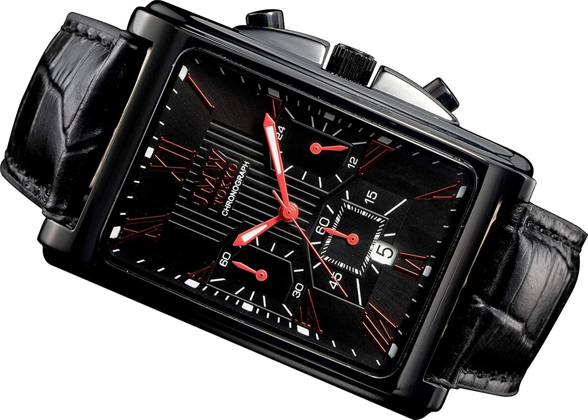 JMW TOKYO Men's Unique Watch Rectangle Japan Movement Individual Black & Red JMW TOKYO Men's Unique Watch Rectangle Japan Movement Individual Black & Red