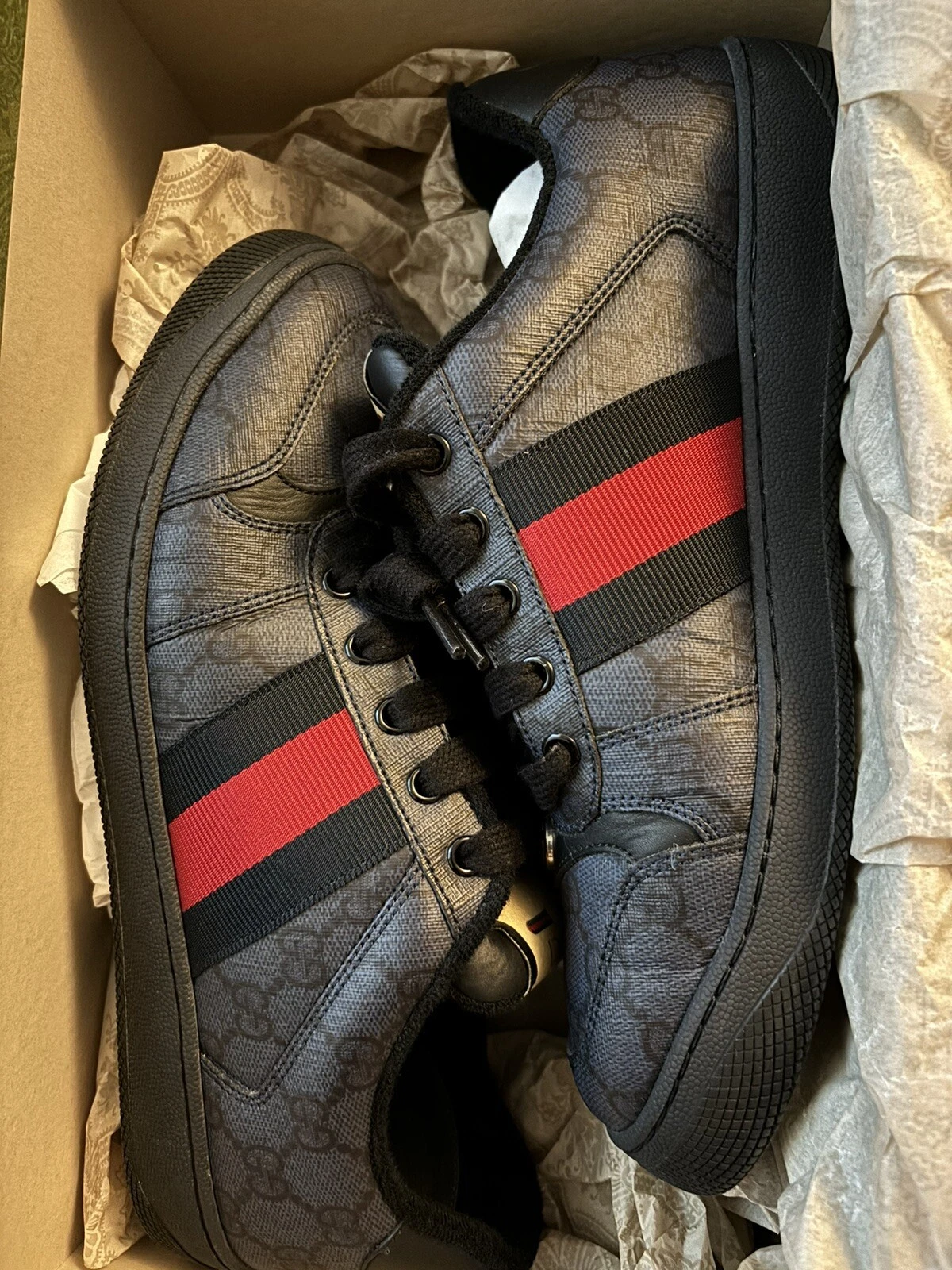 Baskets homme en toile et cuir Gucci Screener GG bleu, taille 8,5 États Unis