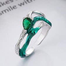 Real 925 Sterling Silver Band Men Women Irregular Green Zircon Open Ring