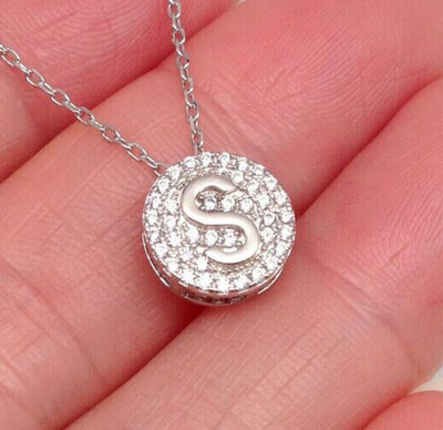 Initial ''S'' Letter Pendant 1Ct Round Lab Created Diamond 14K White Gold Plated