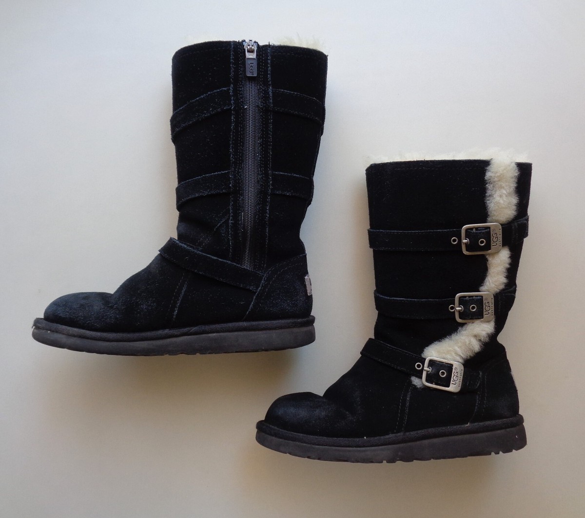 UGG Maddi S/N 1001520 Black Tall Zip Buckle Boots Size M Girls Shearling  SUEDE