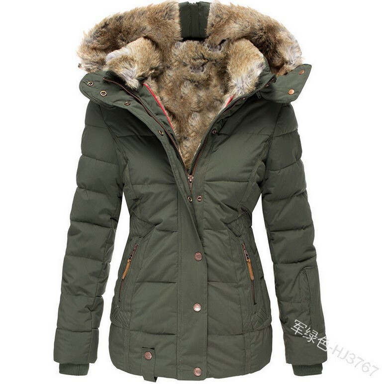 Ladies Winter Jacket Cashmere Thick Denim Hooded Coat with Big Fur Collar Parka