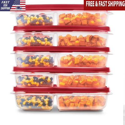 Meal Prep Containers 5 Pack 3 Compartments BPA Free Stackable Easy Find Lids New