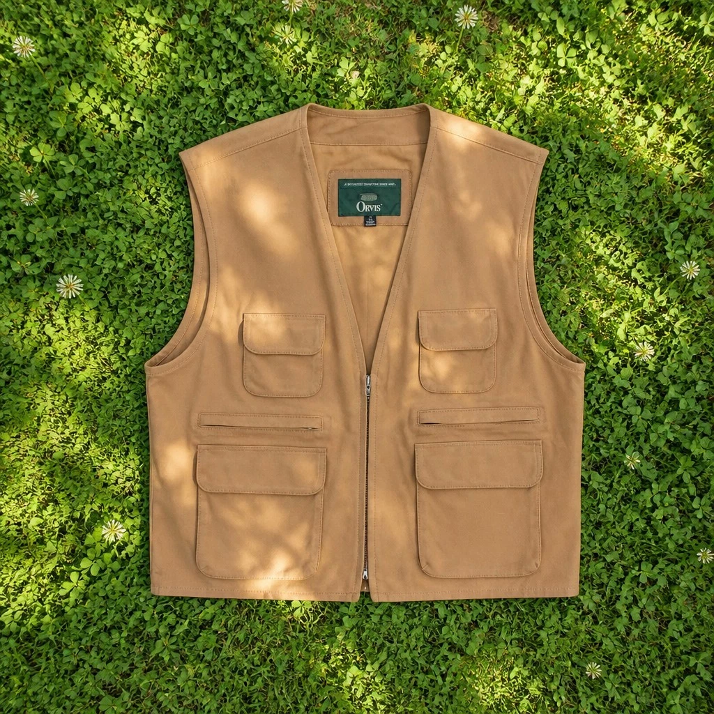 ORVIS Mens Leather Hunting Vest Sz XL Safari Utility Snap Button Brown Vintage