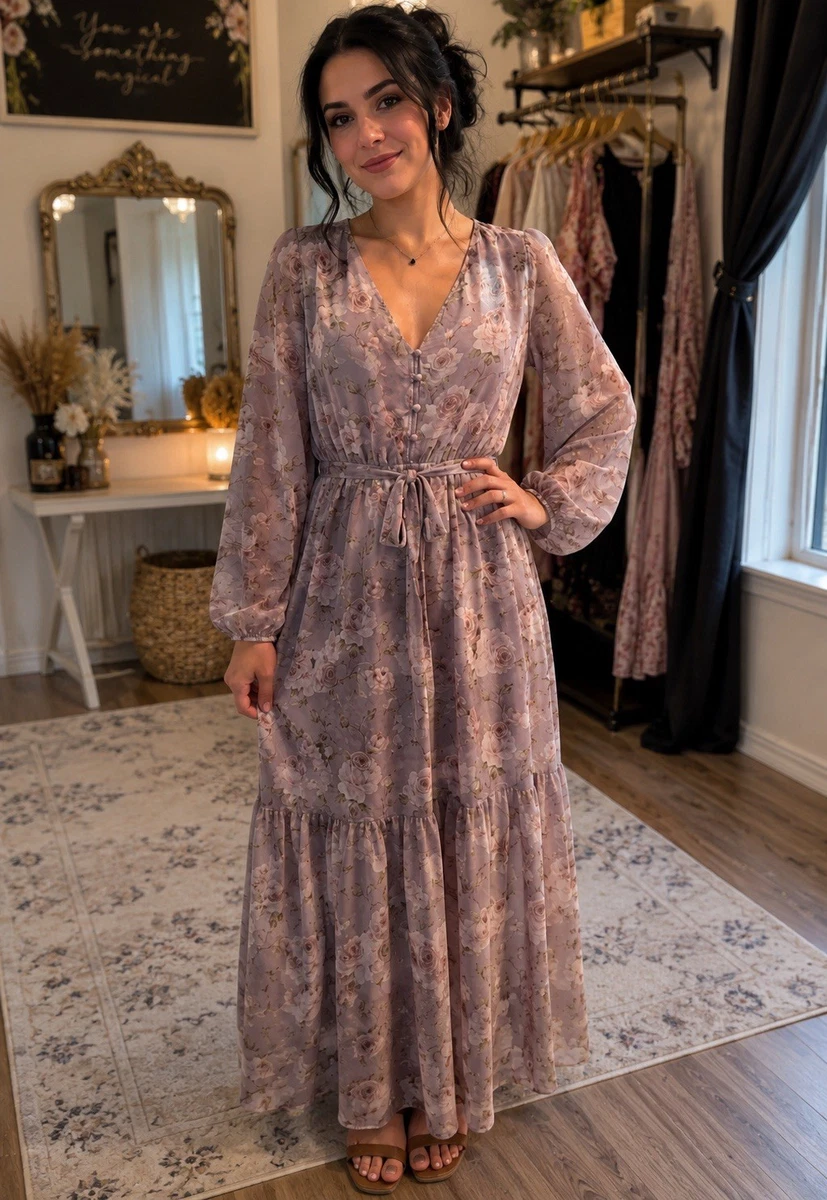 womens long sleeve dress Floral Rayon Maxi Dress: Boho Frill Evening Pairs with cardigans or vests Wrinkle Teal Dress, Long Sleeve Dress,
