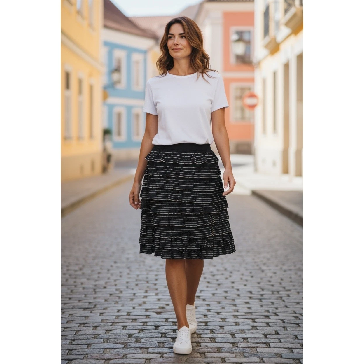 Max Studio Black Striped Ruffled Tiered Skirt Ladies Casual Cute