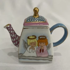 Vivian Chan ceramic miniature teapot ANGELS colorful checkered pattern 3.5" 2000