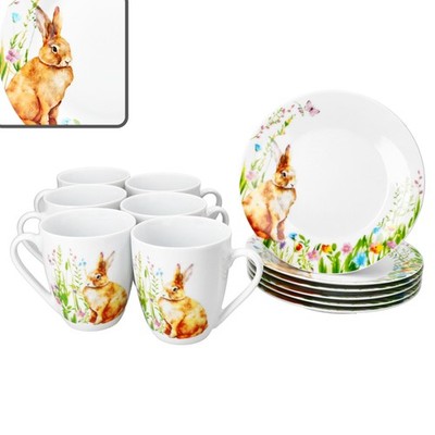 Osterfreude 12tlg Frühstücksset Porzellan Kuchenteller Becher Hase Frühling