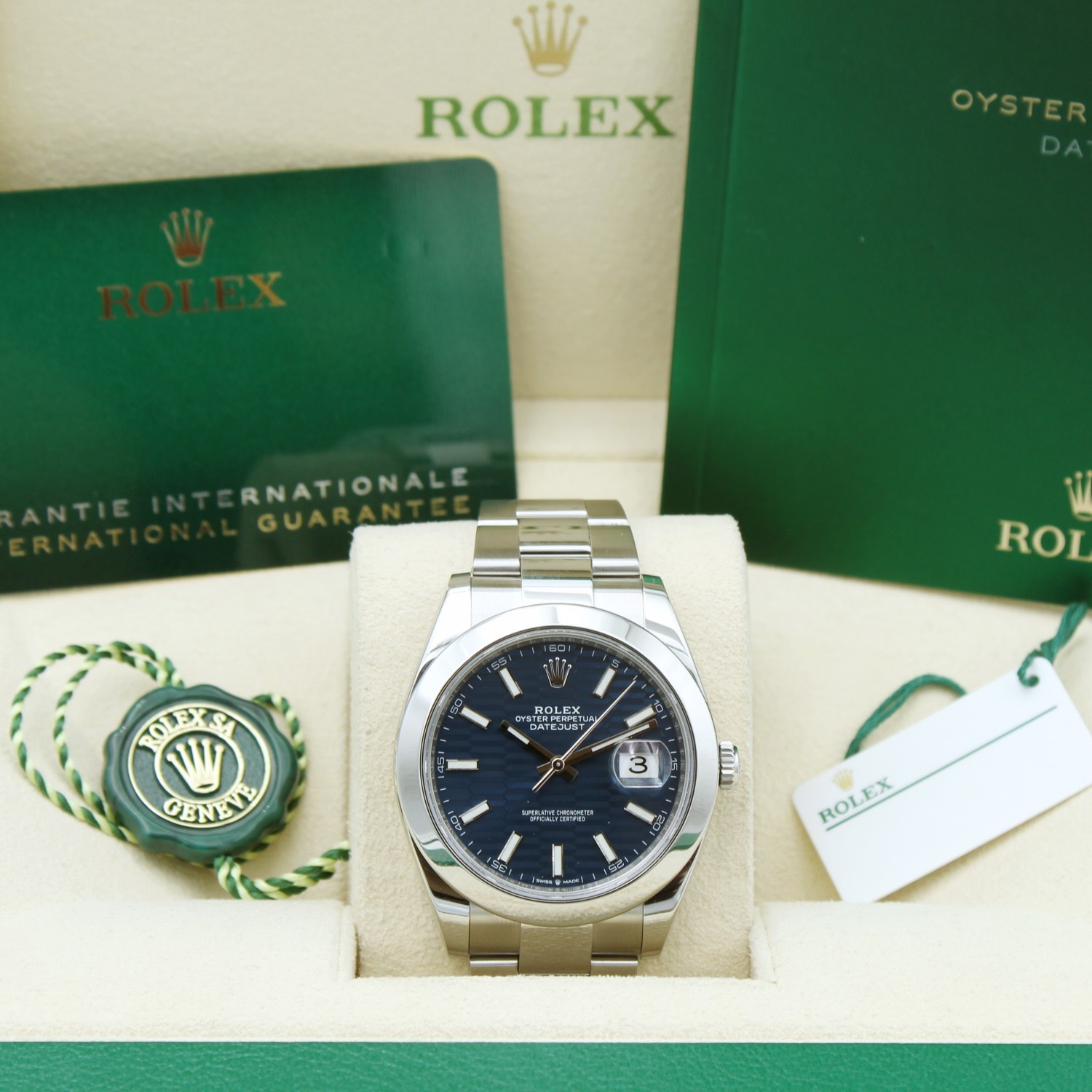 Rolex Datejust 41 126300 Blue Fluted Motif Dial Steel Oyster 2022 Box and Papers
