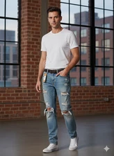 Levi's 569 Mens Blue Stretch Ripped Distressed Denim Straight Jeans Size 38x30