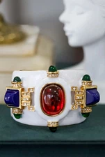 Kenneth Jay Lane 18K Gold Plated Enamel, Ruby & Lapis Cab Art Deco Bracelet