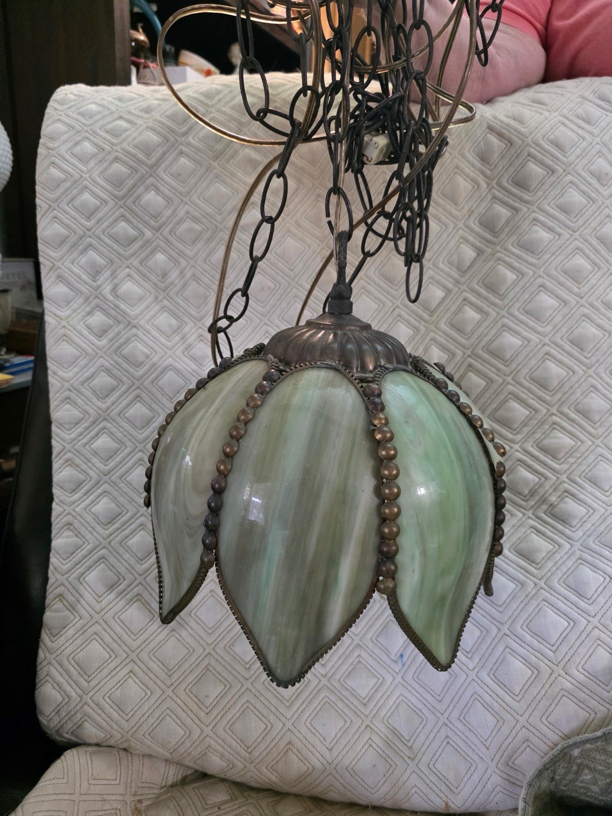 Vintage Green Tulip Slag Glass Hanging Lamp