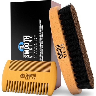 Beard Brush and Comb Natural Boar Bristle Tan Combo for Men Grooming