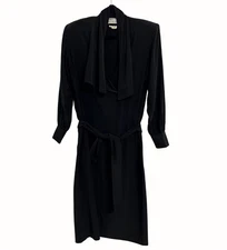 VTG Ann Tijan for Kenar Dress Women 12 Black 100% Silk Belted Midi 80s Hong Kong