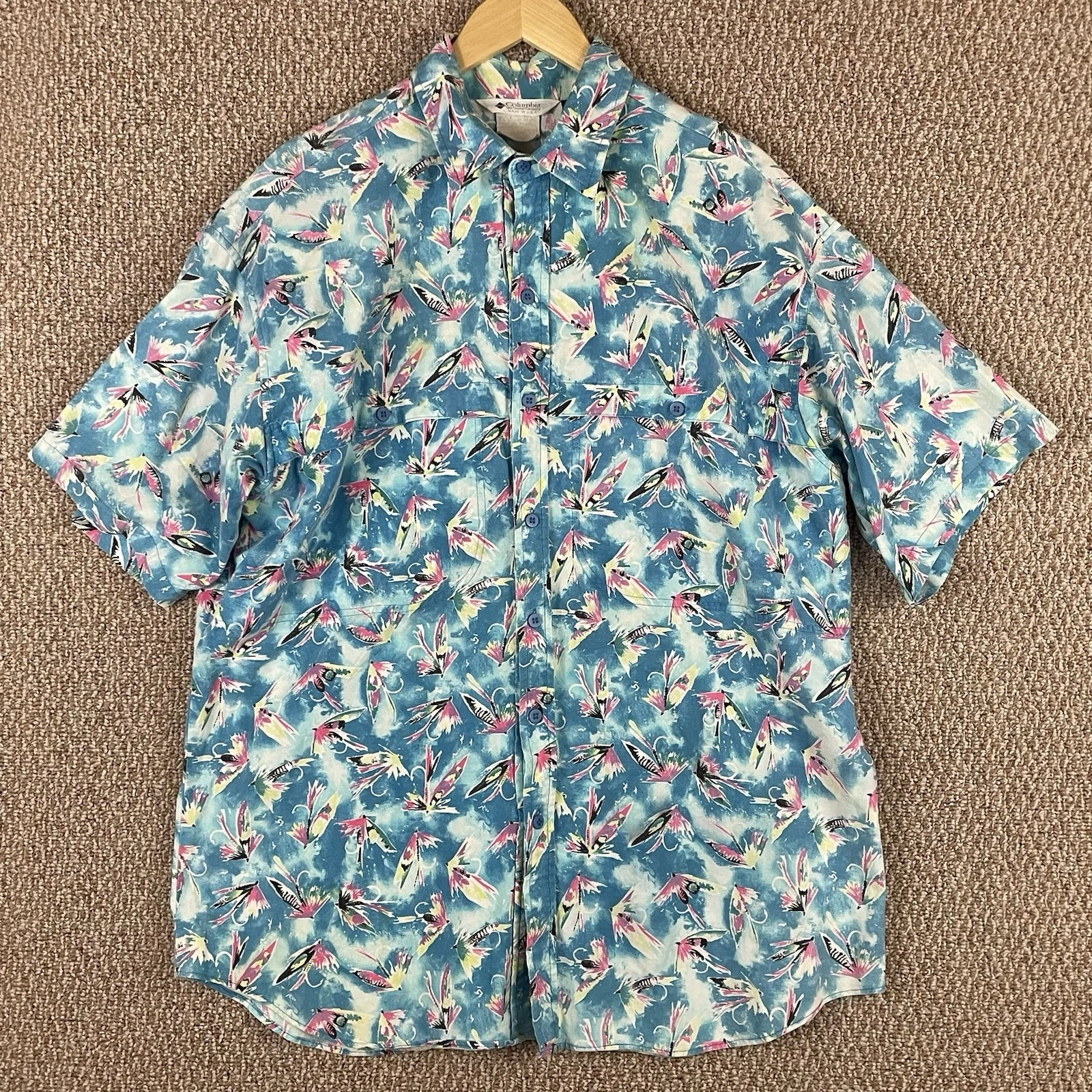 Vintage 90s Columbia Fishing Shirt Men XL All Over Lure Print Button Up USA T342