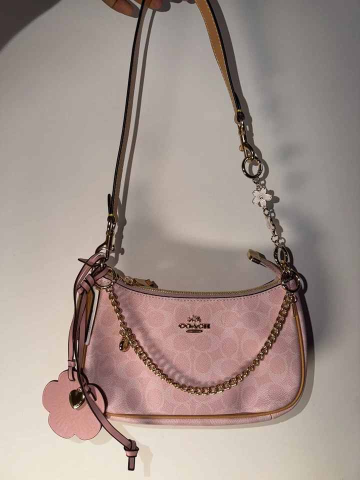 Coach Nolita 19 Pink Signature Canvas Shoulder Bag Full Set Charms Chain - Photo 1/4