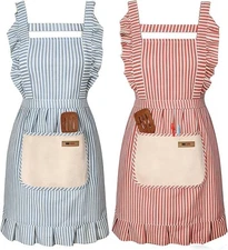 2 Striped Cotton Aprons with Pockets Kitchen Dinner Cooking Baking BBQ Women Men