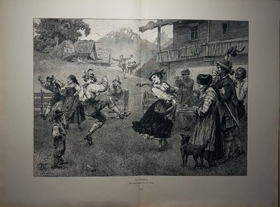 Der Kirchtanz 1886 Holzstich R Dietz Volksleben Tracht Szene