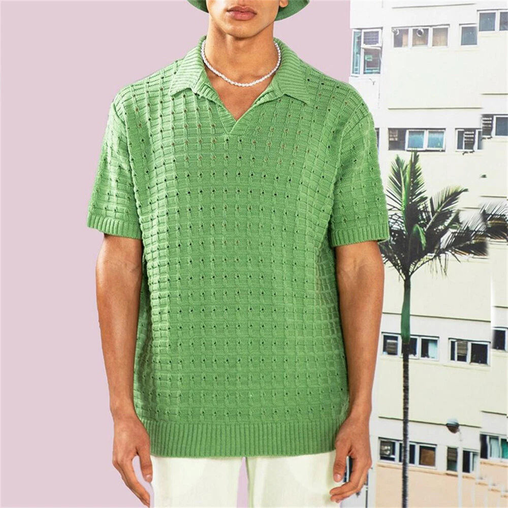 Men s Knit Sweaters Short Sleeve Pullover Tops Casual POLO Sweater