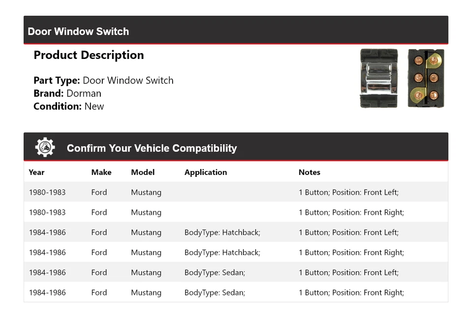 Interruptor de ventana de puerta para Ford Mustang Dorman 1980-1986 1981 1982 1983 1984 1985 Foto 2 de 4