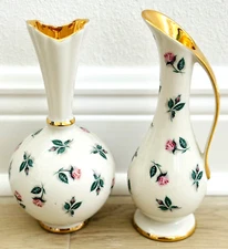 Vintage Pair Elynor Fine Porcelain 22k Gold Trim Bud Vase & Pitcher Made In USA