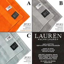 SET OF 2 New Lauren Ralph Lauren Wescott Cotton Washcloths Orange Cape Gray Blue