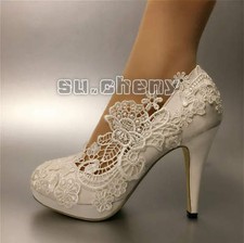 su.cheny 3  4  heels white ivory silk lace Closed toe pumps Wedding Bridal shoes