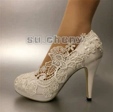 su.cheny 3” 4” heels white ivory silk lace Closed toe pumps Wedding Bridal shoes