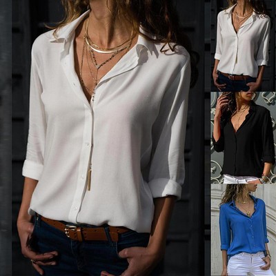 Damen Business Hemd Freizeite Hemdbluse Elegantes Langarm basic Oberteile Bluse