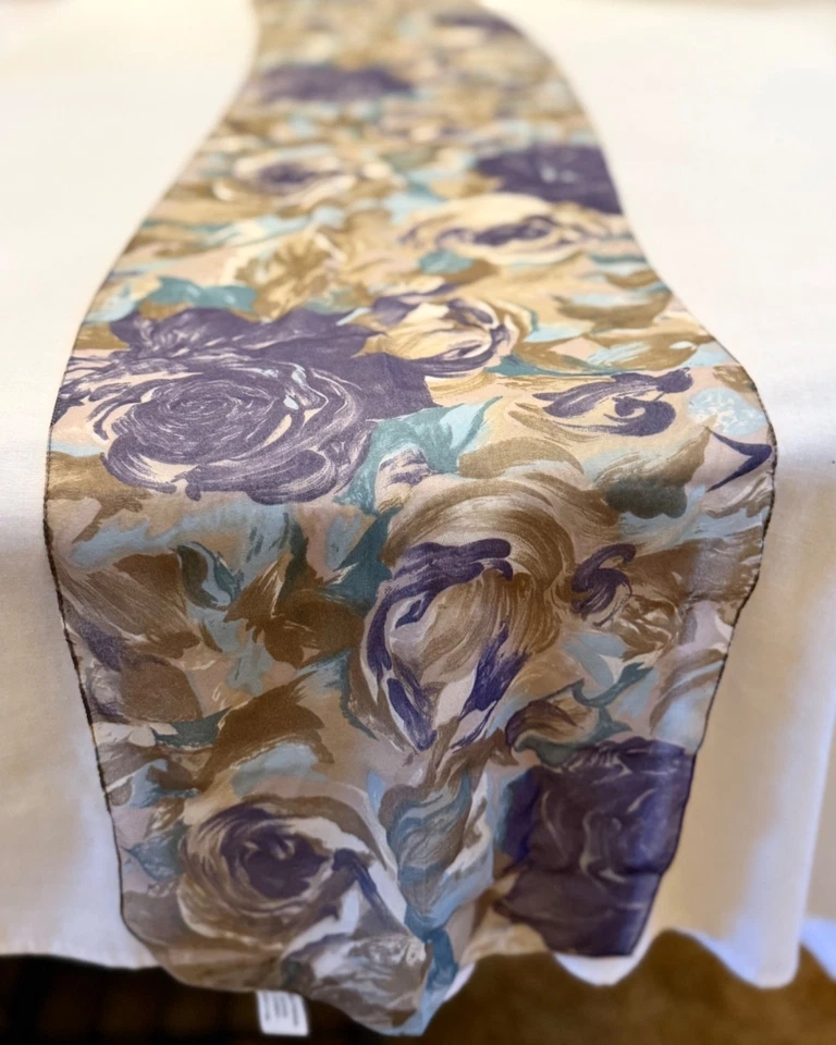 复古丝绸半透明围巾 10x54 英寸水彩花卉紫色、青绿色、棕色玫瑰 — 第 2/4 张图片