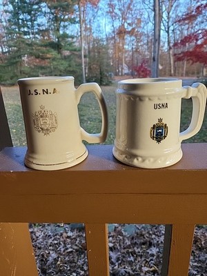 Set of 2 Vintage US Naval Academy Coffee Mug Stein Gold Rim Ceramic USNA Logo