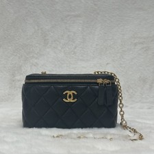 Chanel Long Vanity Case Black Lambskin Gold Hardware Adjustable Pearl Chain