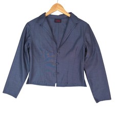 Ruby Blazer Women Medium Blue Iridescent Shimmer 3 Button Long Sleeve Cropped