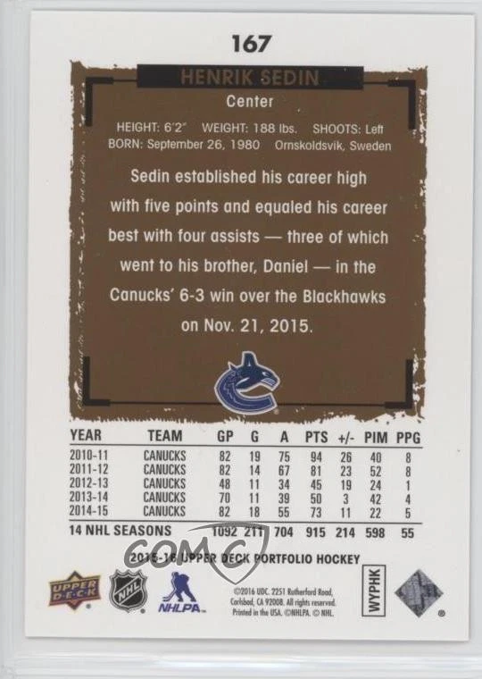 2015-16 Upper Deck Portfolio Henrik Sedin #167 HOF - Image 2 of 2